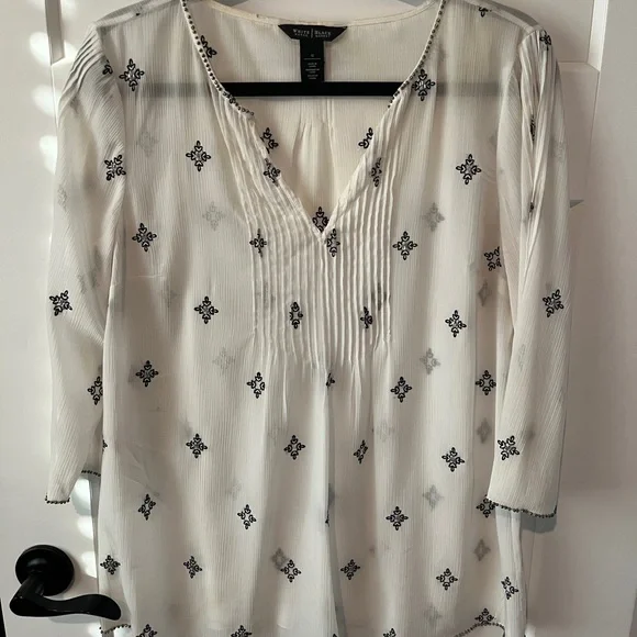 White House Black Market White and Black Women's Top 3/4 sleeve boho - Picture 2 of 14